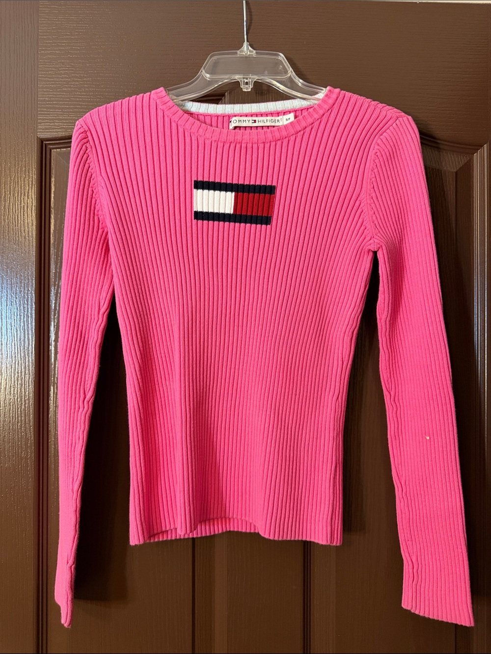 Tommy Hilfiger Hot Pink Ribbed Long Sleeve Top with Flag Patch